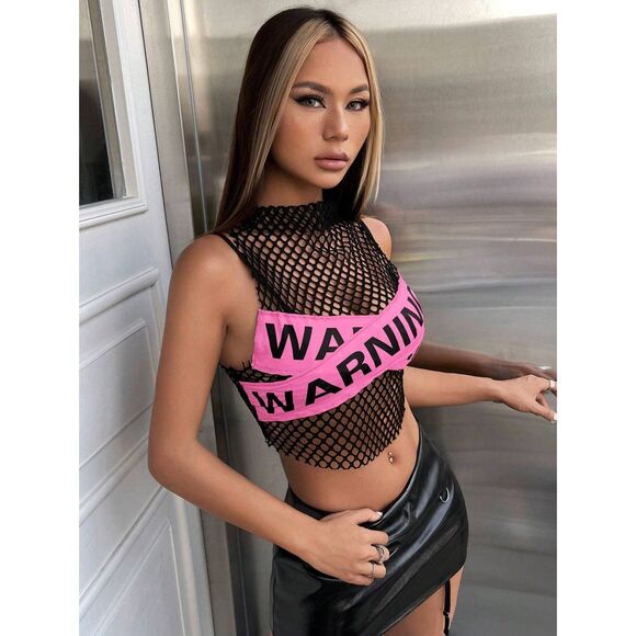 Goth Emo Punk Black Y2K Fishnet Crop Top with Pink “Warning” Tape - XS, S, M, L - Picture 5 of 6